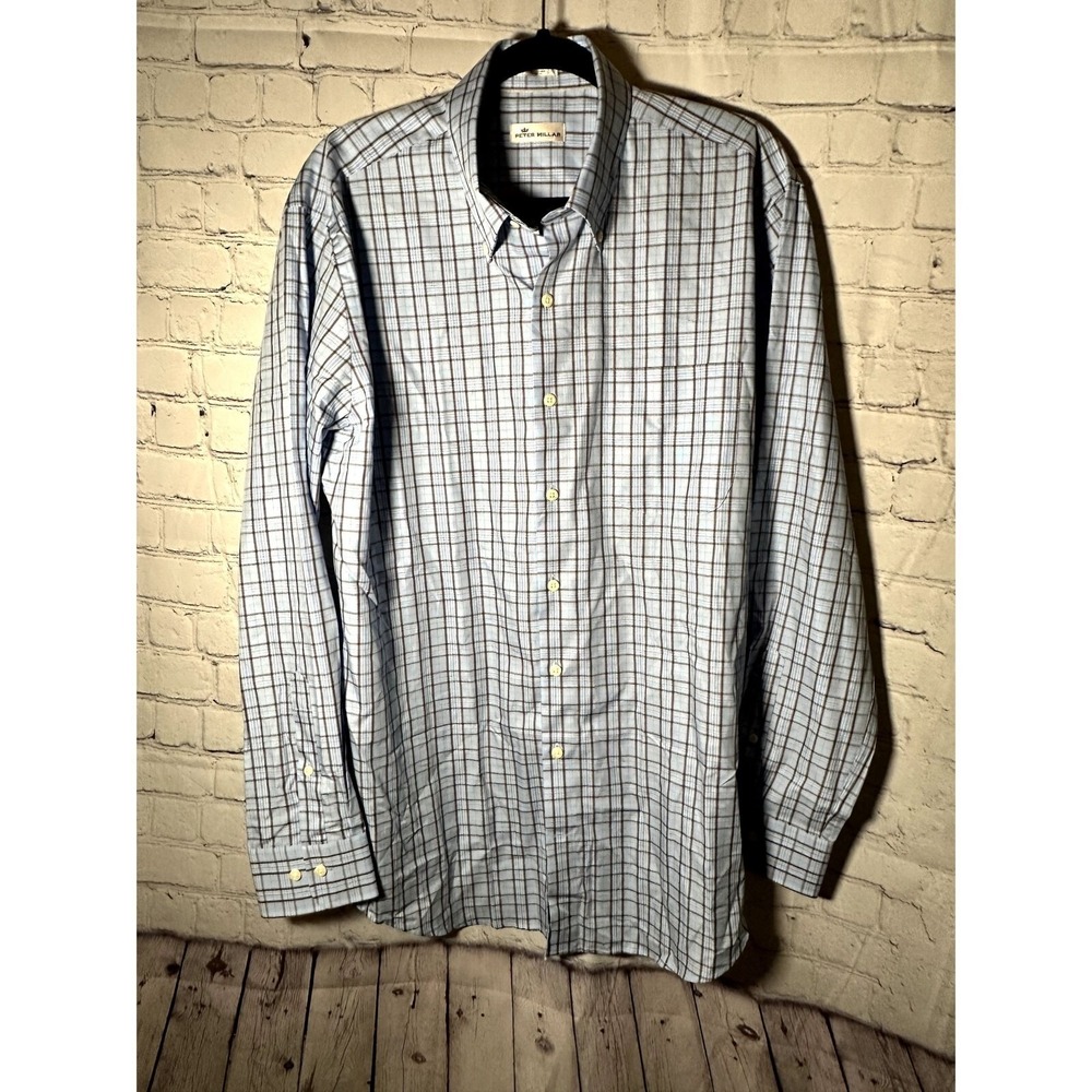 Peter Millar Large Blue Plaid Long Sleeve Button Down Cotton Shirt RN 100308